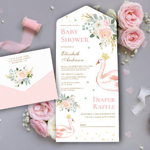 Invitación Todo En Uno Fiesta de Bebé de la Princesa del Cisne Floral Ros