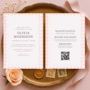 Invitación Todo en uno Fiesta de Bebé de Niña a Cuadros Rosa
