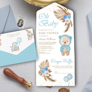 Invitación Todo En Uno Fiesta de Bebé del Oso de Peluche Floral Azul Boho