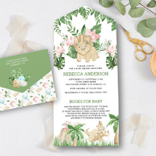 Invitación Todo En Uno Fiesta de Bebé Dinosaurio Floral Jungla Rústica