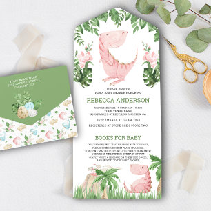 Invitación Todo En Uno Fiesta de Bebé Dinosaurio Rosa Floral Selva Rústic