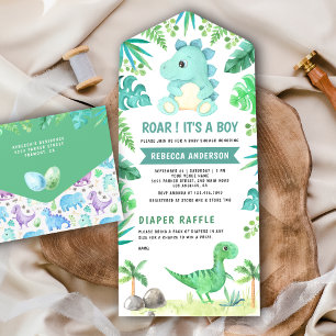 Invitación Todo En Uno Fiesta de Bebé Dinosaurio Teal Lindo Vegetación Rú
