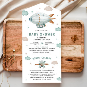 Invitación Todo En Uno Fiesta de Bebé Dirigible Retro Vintage