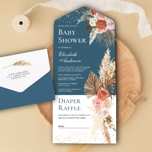 Invitación Todo En Uno Fiesta de Bebé Dusty Blue Floral Terrosa de Pampas