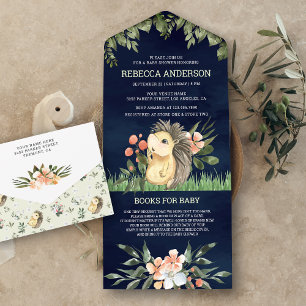 Invitación Todo En Uno Fiesta de Bebé Erizo Lindo Bosque Azul Marino