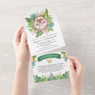 Invitación Todo En Uno Fiesta de Bebé Erizo Lindo Selva Tropical Rústica