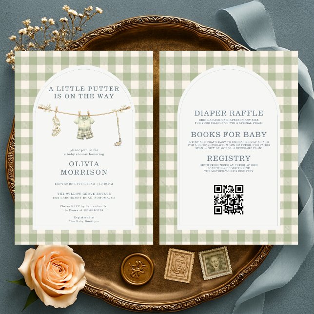 Invitación Todo en uno Fiesta de Bebé Golf Gingham Verde Salv (Subido por el creador)