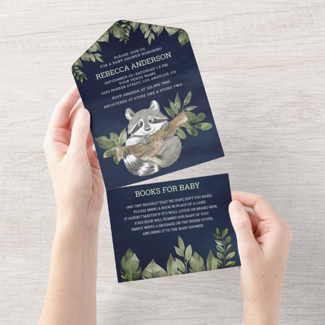 Invitación Todo En Uno Fiesta de Bebé Mapache Lindo Bosque Azul Marino (desgarro)