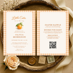 Invitación Todo en Uno Fiesta de Bebé Naranja Little Cutie a