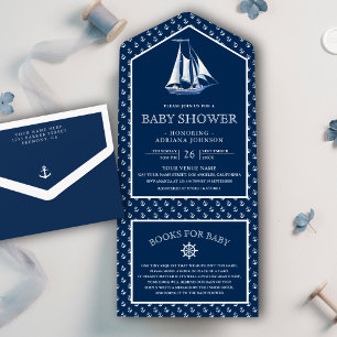 Invitación Todo En Uno Fiesta de Bebé Náutica Elegante Moderna Azul Marin