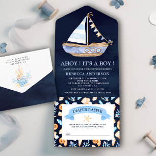 Invitación Todo En Uno Fiesta de Bebé Náutica Rústica de Azul Marino
