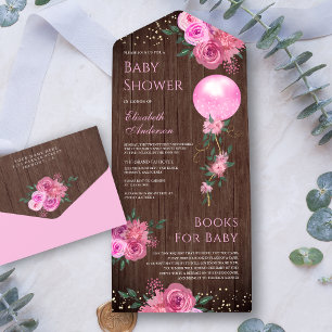 Invitación Todo En Uno Fiesta de Bebé Niña Globo Floral Rosa Madera Rústi