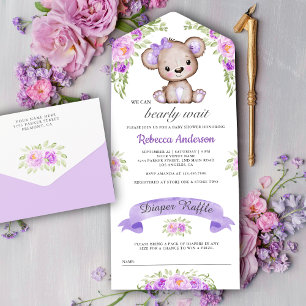 Invitación Todo En Uno Fiesta de Bebé Oso de Peluche Floral Acuarela Púrp