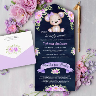 Invitación Todo En Uno Fiesta de Bebé Oso de Peluche Floral Azul Marino P