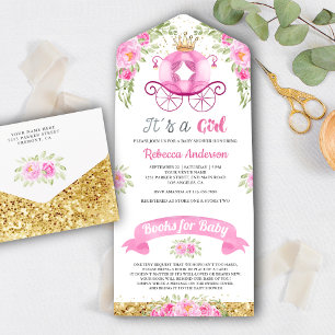 Invitación Todo En Uno Fiesta de Bebé Princesa Cute Floral Rosa Carruaje