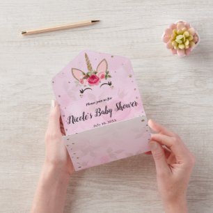 Invitación Todo En Uno Fiesta de Bebé Rosa y Dorado de Todo en Uno 