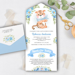 Invitación Todo En Uno Fiesta de Bebé Safari Jungla Floral Azul Cute Tigr