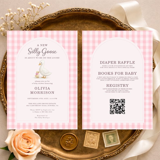 Invitación Todo en uno Fiesta de Bebé Silly Goose Rosa Gingha (Subido por el creador)