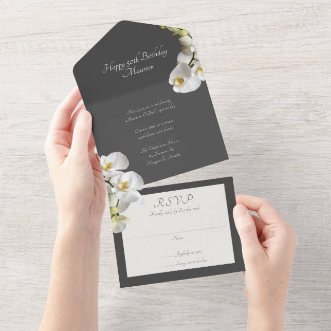 Invitación Todo En Uno Fiesta de cumpleaños de orquídeas para mujer (desgarro)