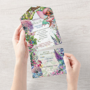 Invitación Todo En Uno Fiesta de cumpleaños del primer bosque de hadas má