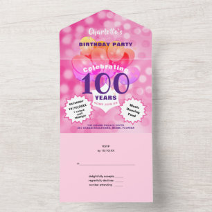 Invitación Todo En Uno Fiesta de cumpleaños número 100 Glam Sparkle Glitz