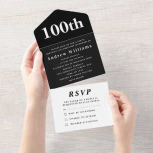 Invitación Todo En Uno Fiesta de cumpleaños número 100 negra elegante mod