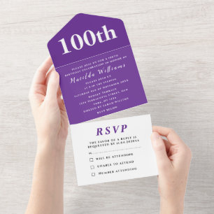 Invitación Todo En Uno Fiesta de cumpleaños número 100 púrpura elegante m