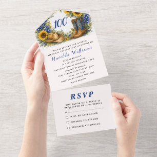 Invitación Todo En Uno Fiesta de cumpleaños número 100 Texas Bluebonnets