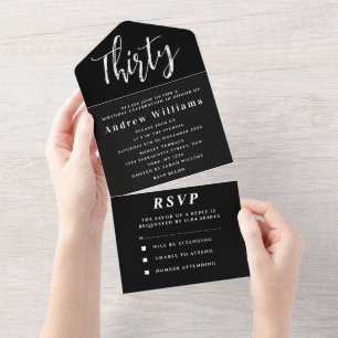 Invitación Todo En Uno Fiesta de cumpleaños número 30 negro blanco simple