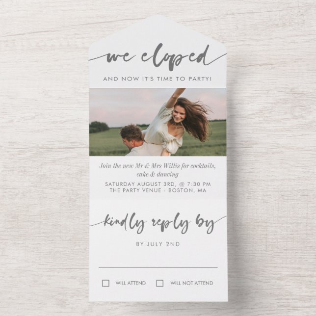 Invitación Todo En Uno Fiesta de Elopement en Caligrafía Gris Foto (Interior)