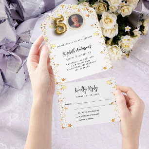 Invitación Todo En Uno fiesta de fotografía RSVP, estrellas de oro blanco