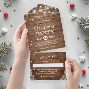 Invitación Todo En Uno Fiesta de Navidades de Rustic Wood String Lights