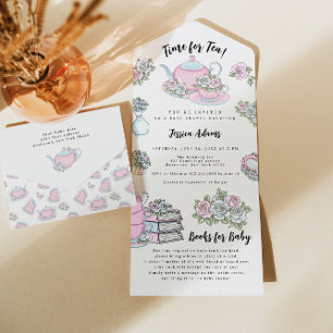 Invitación Todo En Uno Fiesta de té Baby Shower azul y rosa