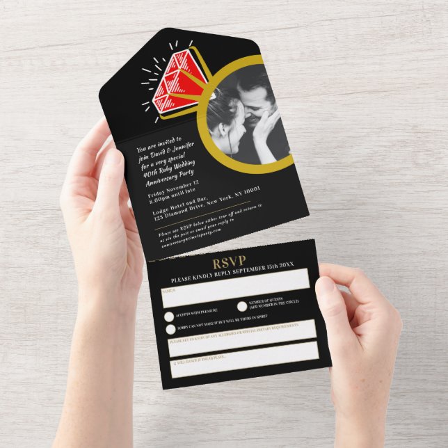 Invitación Todo En Uno fiesta del 40 aniversario de bodas anillo rojo de  (desgarro)