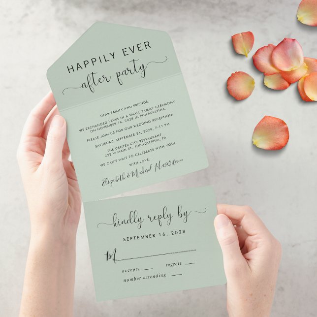 Invitación Todo En Uno Fiesta Felices para Siempre Verde Salvia Boda (Subido por el creador)