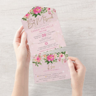 Invitación Todo En Uno Fiesta floral acuarela tipo oro de Bat Mitzvah ros