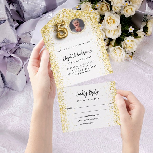 Invitación Todo En Uno fiesta fotográfico de oro blanco de 50 años RSVP (Subido por el creador)