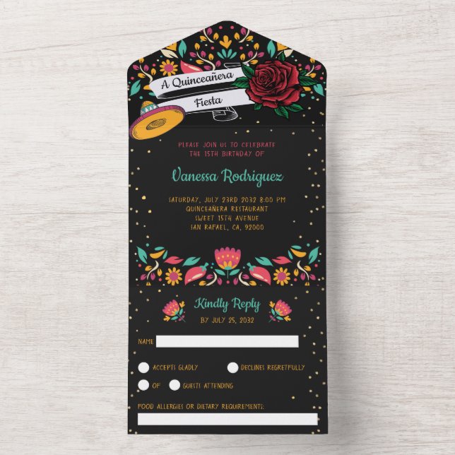Invitación Todo En Uno Fiesta mexicana de Quinceañera rosa rojo florido m (Interior)