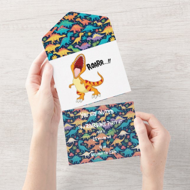 Invitación Todo En Uno fiesta roaroso de dinosaurios (desgarro)