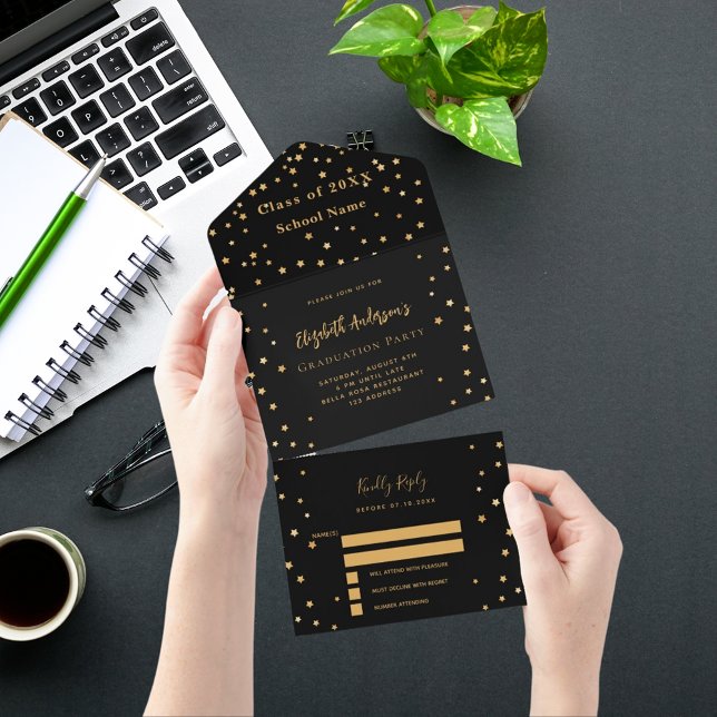 Invitación Todo En Uno Fiesta RSVP de estrellas de oro negro del partido  (Subido por el creador)
