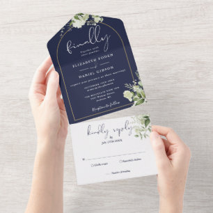 Invitación Todo En Uno Finalmente Boda Arco Dorado Verde Botánico Azul Ma