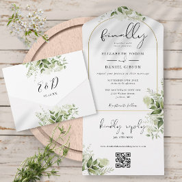 Invitación Todo En Uno Finalmente Boda Arco Verde Floral Código QR Boda