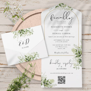 Invitación Todo En Uno Finalmente Boda Arco Verde Floral Código QR Boda