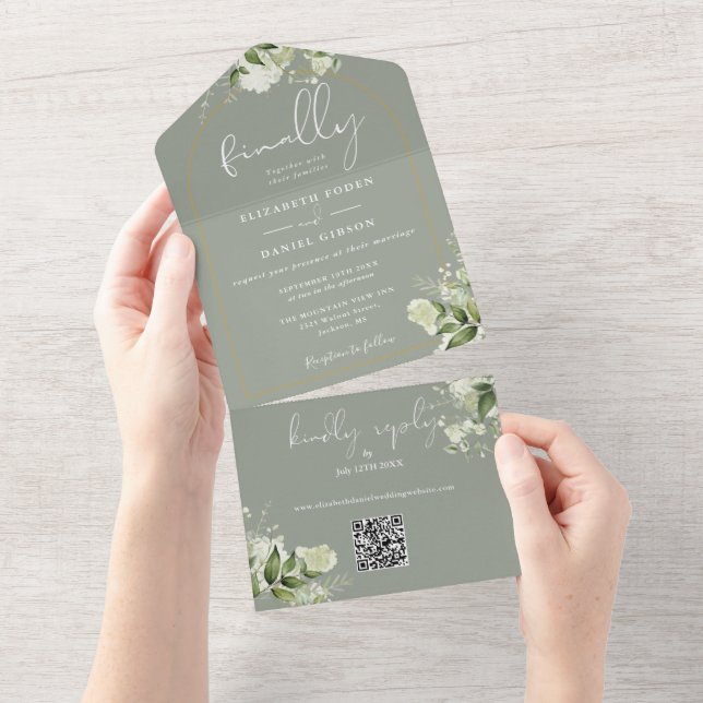 Invitación Todo En Uno Finalmente boda de Verde Salvia GreeneryCódigo QR (desgarro)