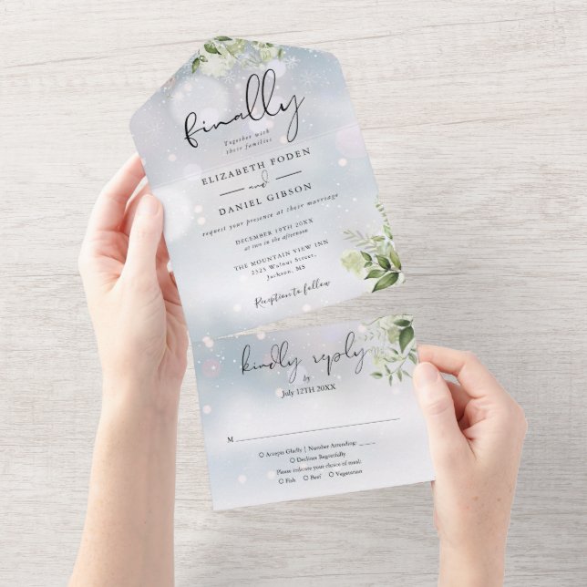 Invitación Todo En Uno Finalmente Boda Floral de Invierno con Verdor (desgarro)