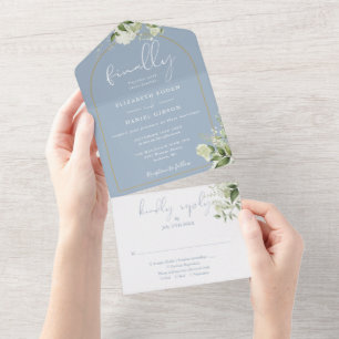 Invitación Todo En Uno Finalmente Boda Verde Polvoriento Arco Dorado Azul