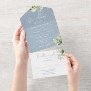 Invitación Todo En Uno Finalmente el Arco Dorado Verdor Dusty Blue Boda