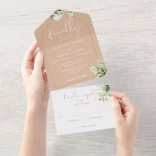 Invitación Todo En Uno Finalmente Tan Gold Arch Greenery Boda