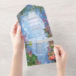 Invitación Todo En Uno Flamingo Tropical BlueMarble Todo En Una Invitació