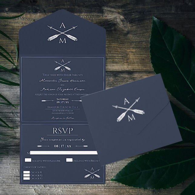Invitación Todo En Uno Flechas y monogramas Boda | Azul marino (Navy Blue Arrows and Monograms Wedding All in One Invitation)